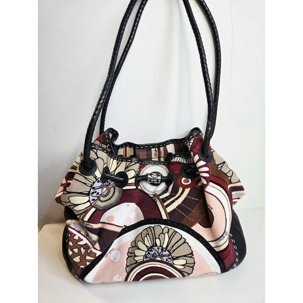 Brighton Canvas & Leather Cinch Shoulder Satchel Slouchy Bag Floral Braided